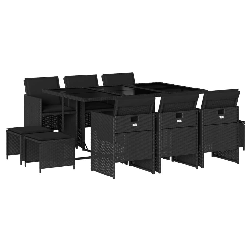 vidaXL 11-tlg. Garten-Essgruppe mit Kissen Schwarz Poly Rattan