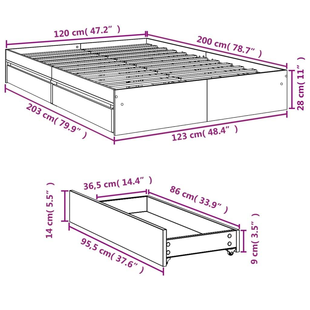 vidaXL Bettgestell mit Schubladen Weiß 120x200 cm Holzwerkstoff