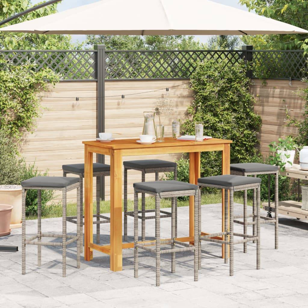vidaXL 7-tlg. Gartenbar-Set Grau Massivholz Akazie und Poly Rattan