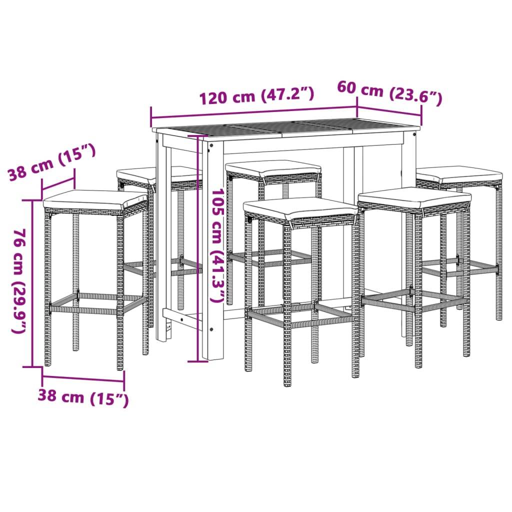 vidaXL 7-tlg. Gartenbar-Set Grau Massivholz Akazie und Poly Rattan