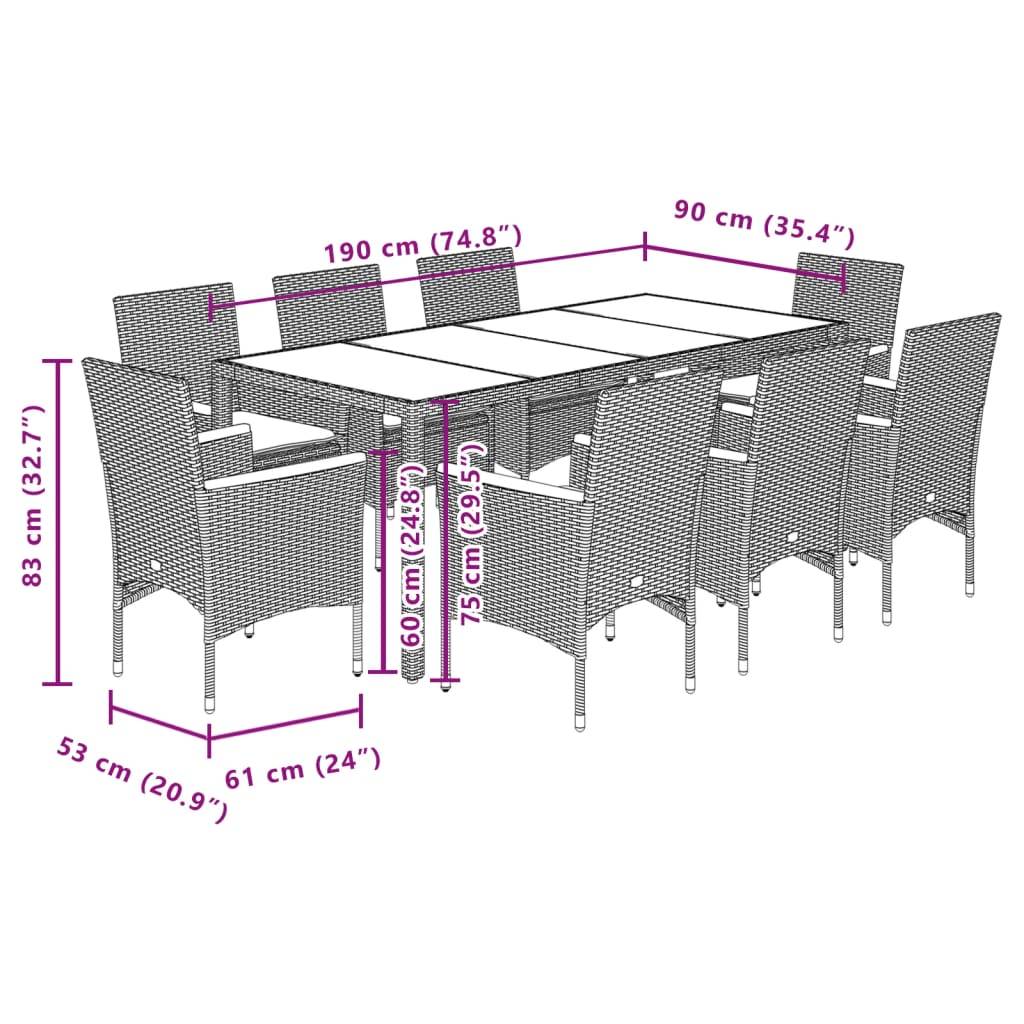 vidaXL 9-tlg. Garten-Essgruppe mit Kissen Schwarz Poly Rattan Akazie