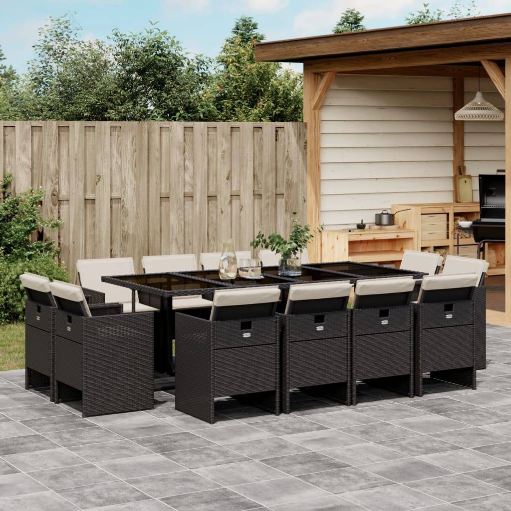 vidaXL 13-tlg. Garten-Essgruppe mit Kissen Schwarz Poly Rattan