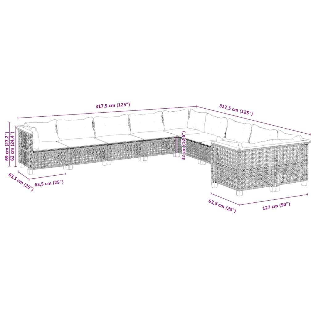 vidaXL 10-tlg. Garten-Sofagarnitur mit Kissen Schwarz Poly Rattan