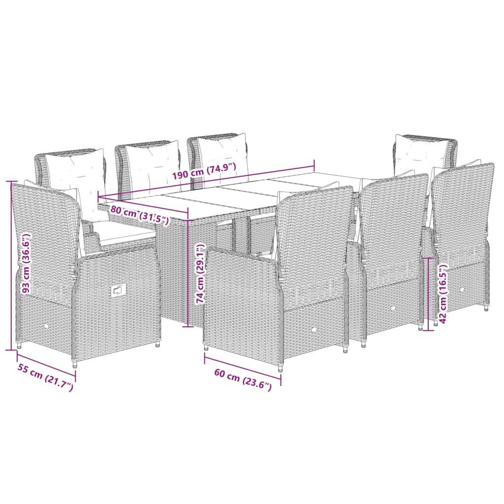 vidaXL 9-tlg. Garten-Essgruppe mit Kissen Hellgrau Poly Rattan
