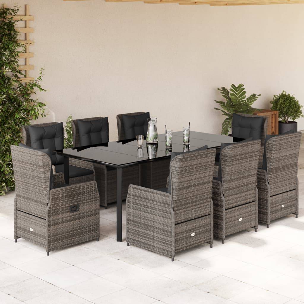 vidaXL 9-tlg. Garten-Essgruppe mit Kissen Grau Poly Rattan