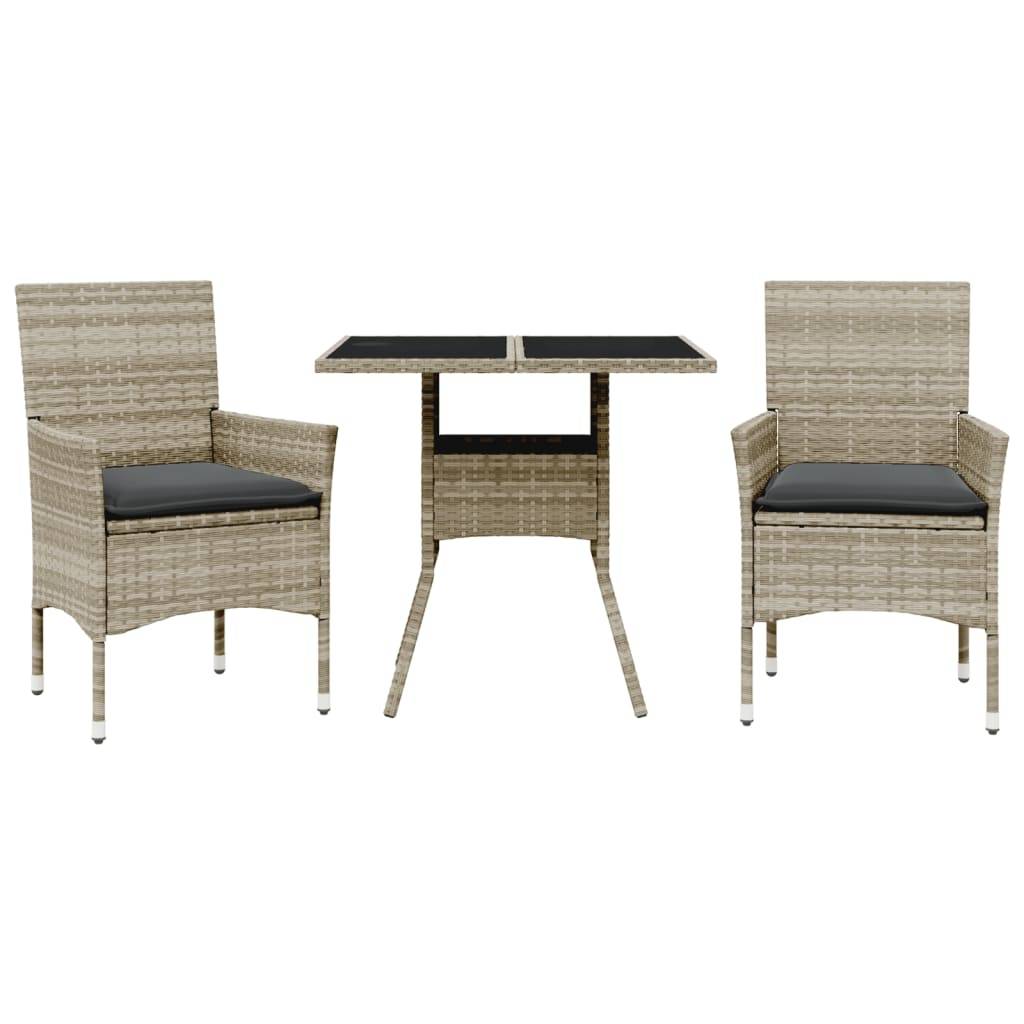 vidaXL 3-tlg. Garten-Essgruppe mit Kissen Hellgrau Poly Rattan Glas