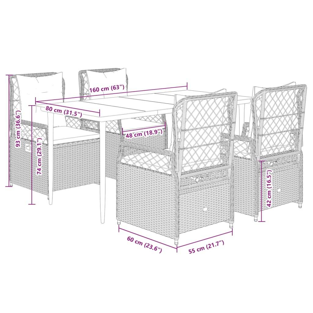 vidaXL 5-tlg. Garten-Essgruppe mit Kissen Braun Poly Rattan
