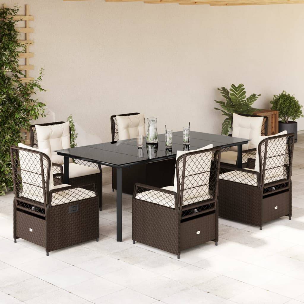 vidaXL 7-tlg. Garten-Essgruppe mit Kissen Braun Poly Rattan