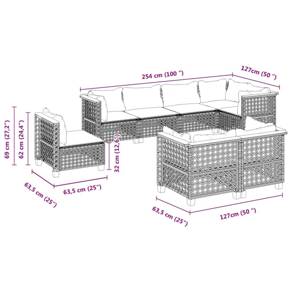 vidaXL 8-tlg. Garten-Sofagarnitur mit Kissen Schwarz Poly Rattan