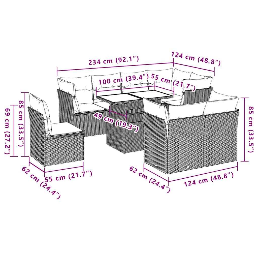 vidaXL 9-tlg. Garten-Sofagarnitur mit Kissen Schwarz Poly Rattan