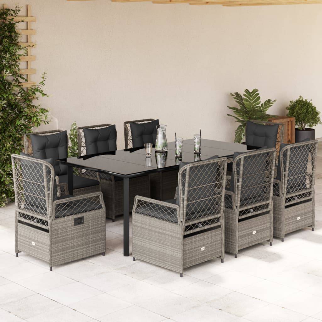 vidaXL 9-tlg. Garten-Essgruppe mit Kissen Hellgrau Poly Rattan
