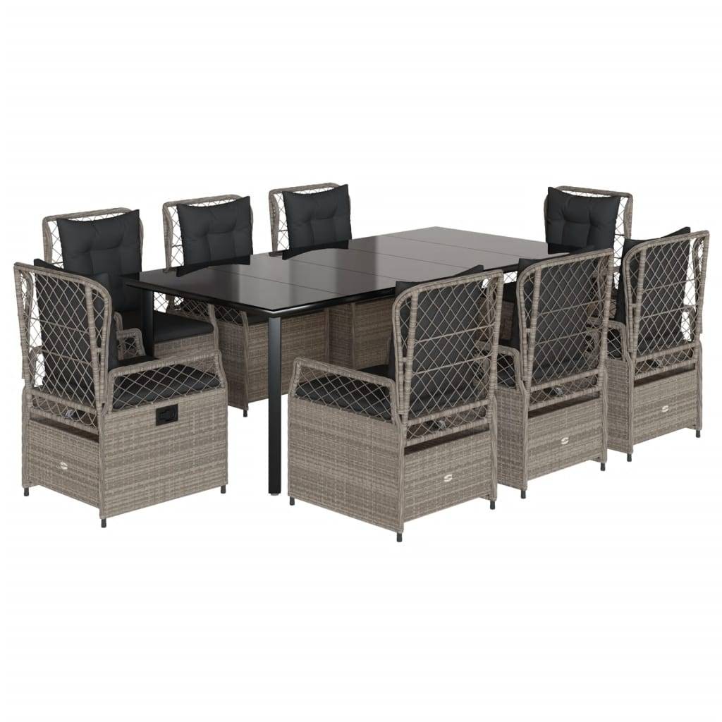 vidaXL 9-tlg. Garten-Essgruppe mit Kissen Hellgrau Poly Rattan