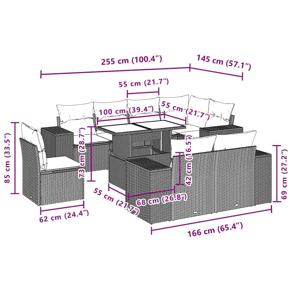 vidaXL 9-tlg. Garten-Sofagarnitur mit Kissen Schwarz Poly Rattan