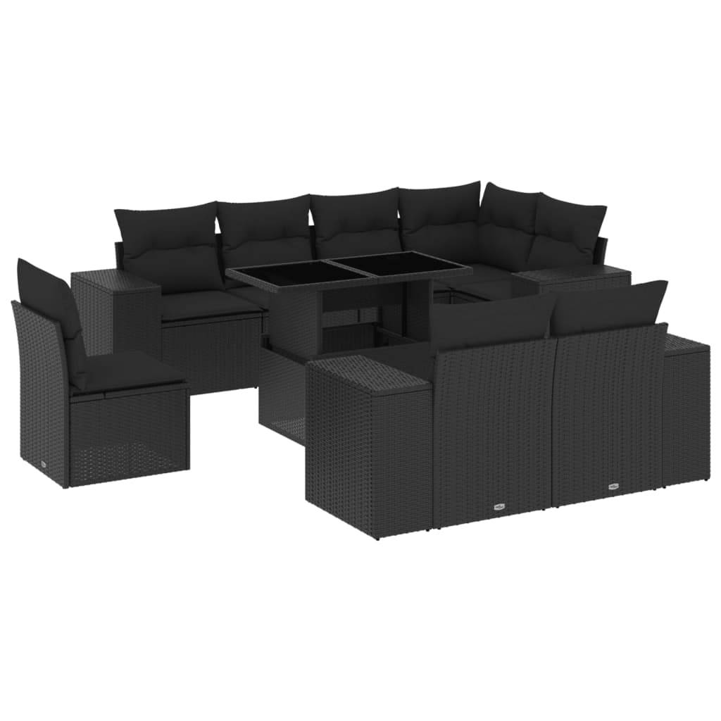 vidaXL 9-tlg. Garten-Sofagarnitur mit Kissen Schwarz Poly Rattan