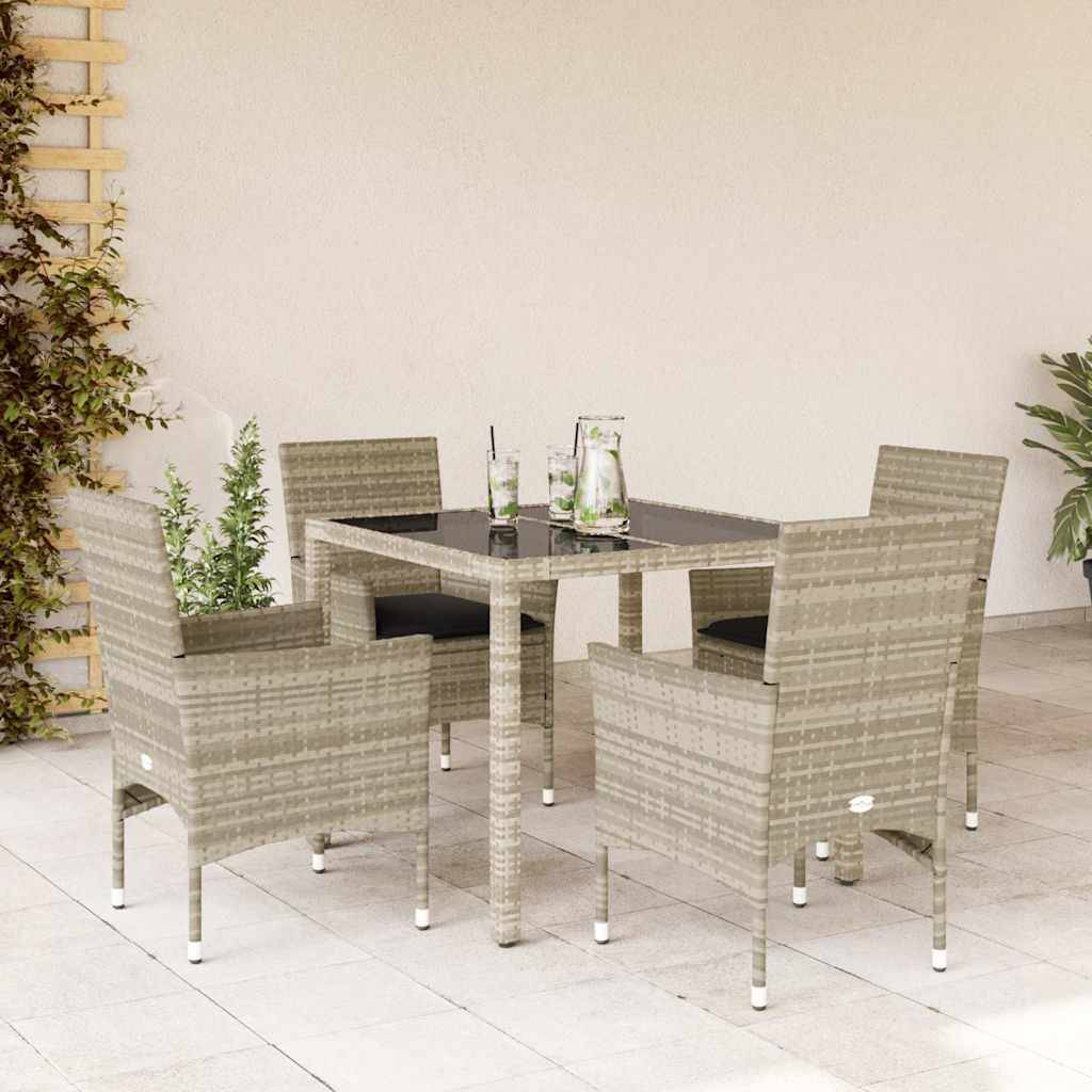 vidaXL 5-tlg. Garten-Essgruppe mit Kissen Hellgrau Poly Rattan Glas