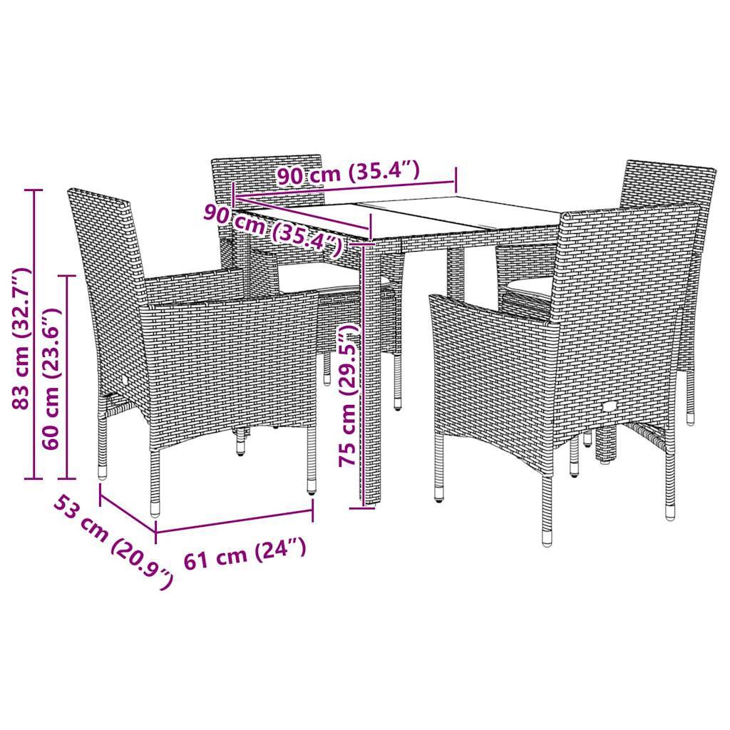 vidaXL 5-tlg. Garten-Essgruppe mit Kissen Hellgrau Poly Rattan Glas