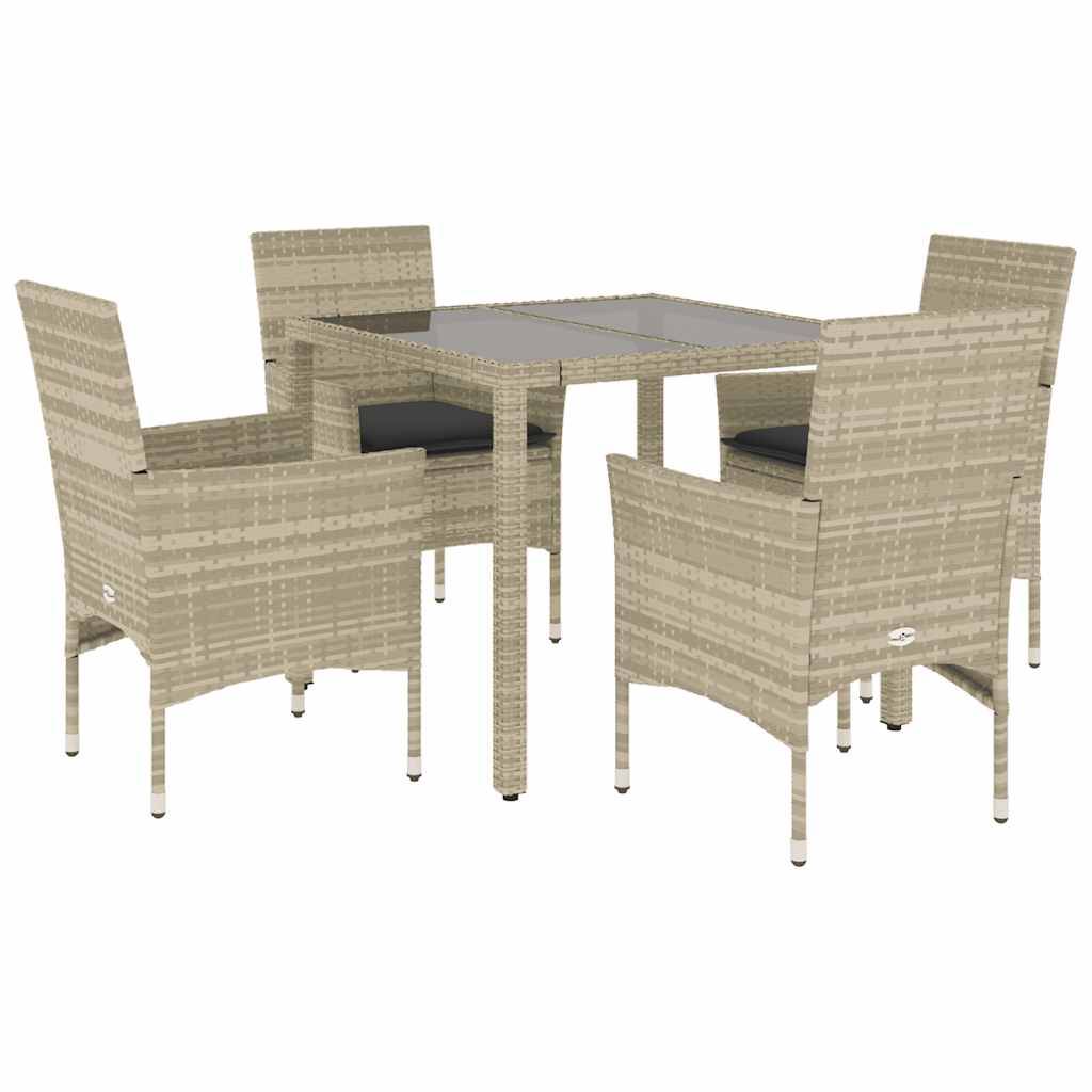 vidaXL 5-tlg. Garten-Essgruppe mit Kissen Hellgrau Poly Rattan Glas