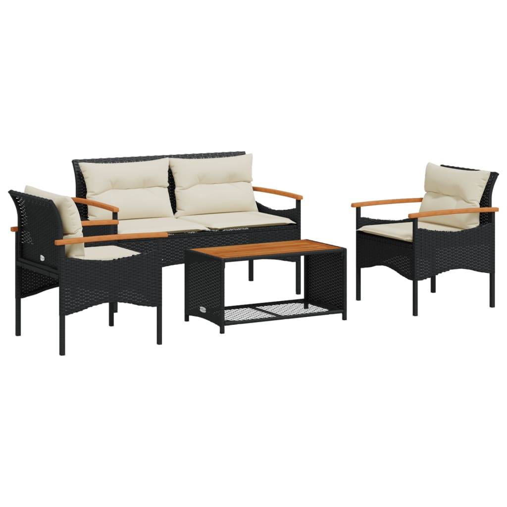 vidaXL 4-tlg. Garten-Sofagarnitur mit Kissen Schwarz Poly Rattan
