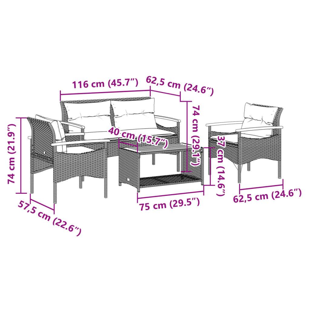 vidaXL 4-tlg. Garten-Sofagarnitur mit Kissen Schwarz Poly Rattan