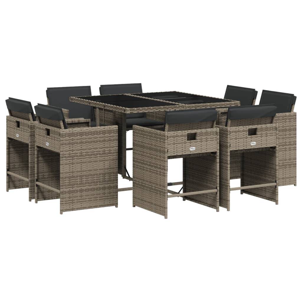 vidaXL 9-tlg. Garten-Essgruppe mit Kissen Grau Poly Rattan