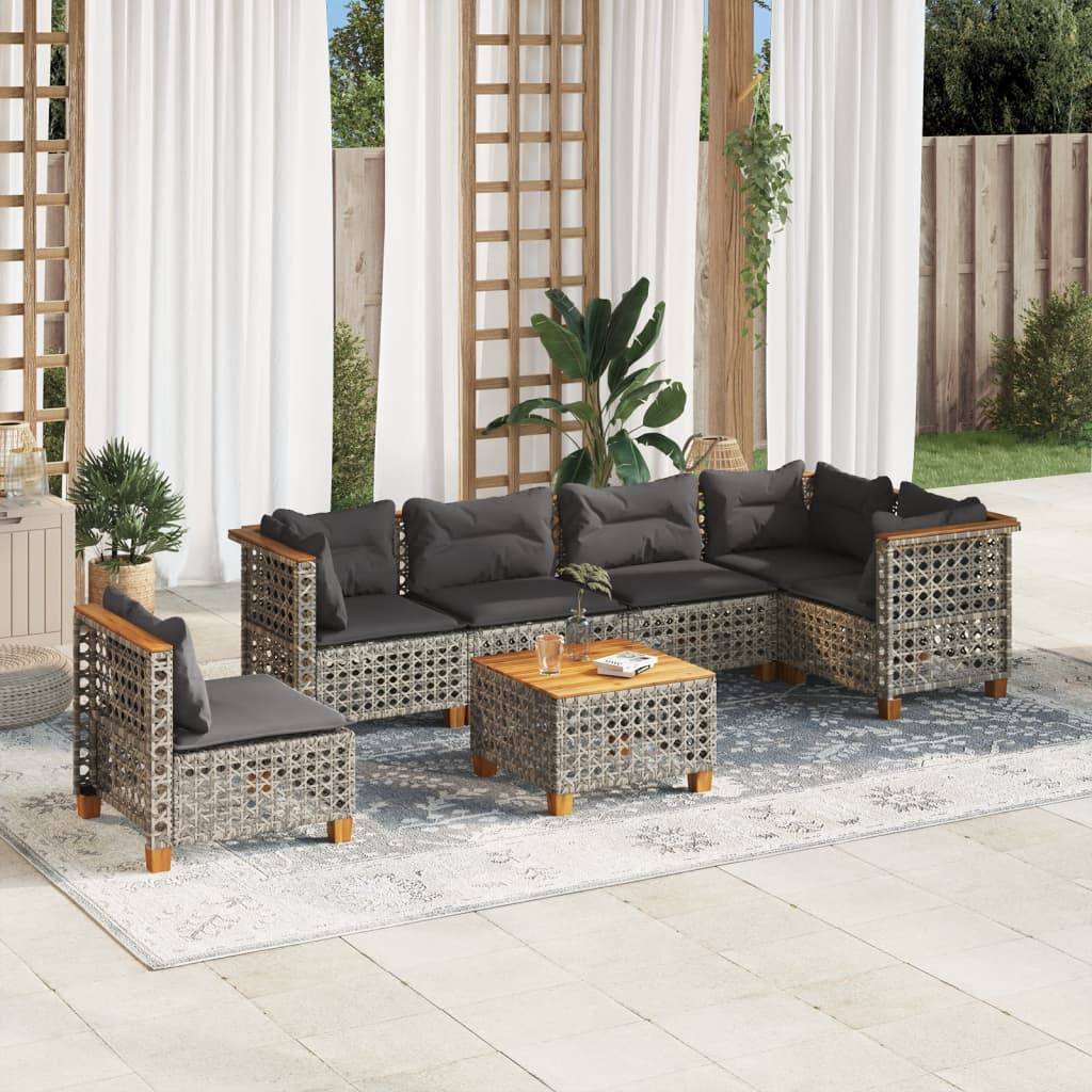 vidaXL 7-tlg. Garten-Sofagarnitur mit Kissen Grau Poly Rattan