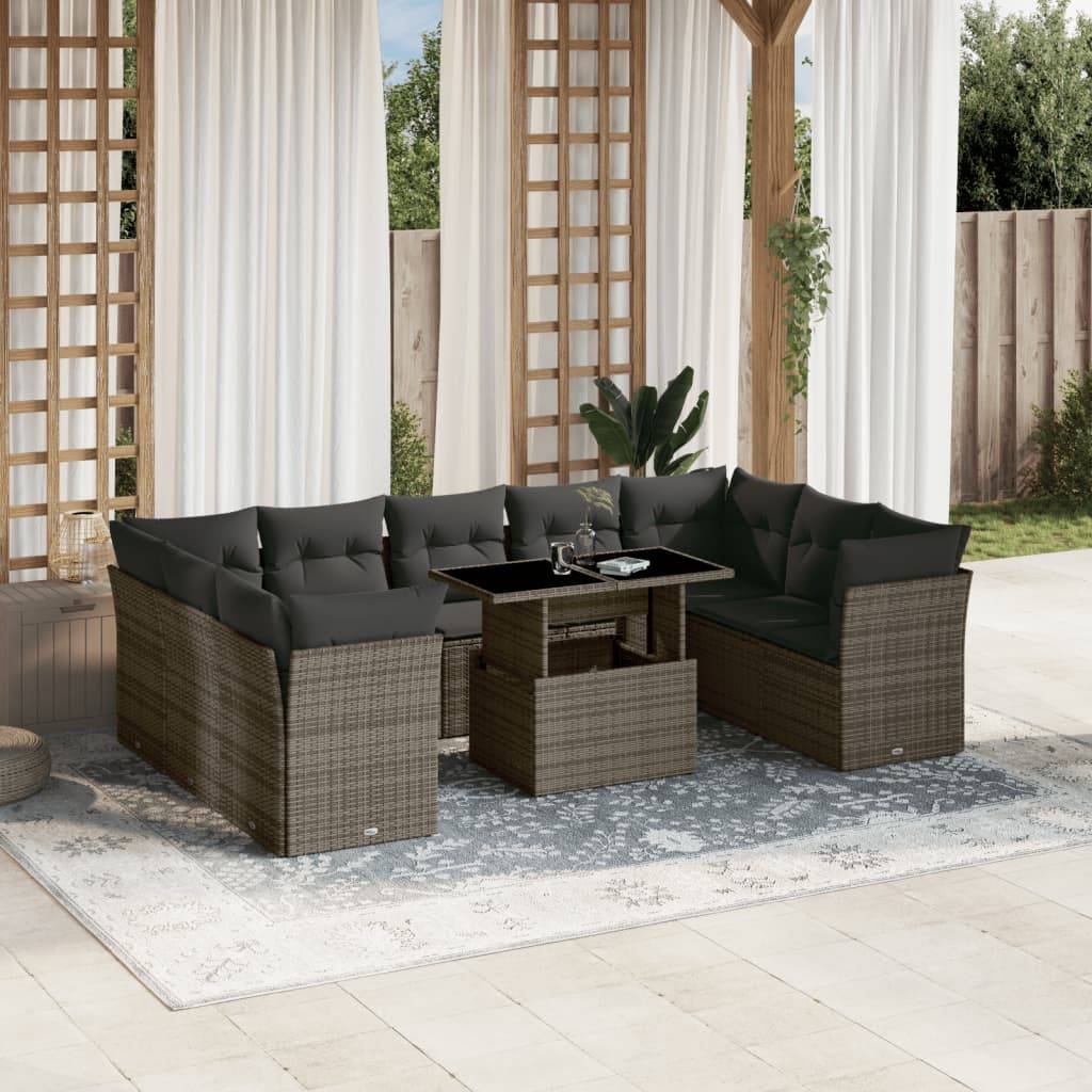 vidaXL 10-tlg. Garten-Sofagarnitur mit Kissen Grau Poly Rattan