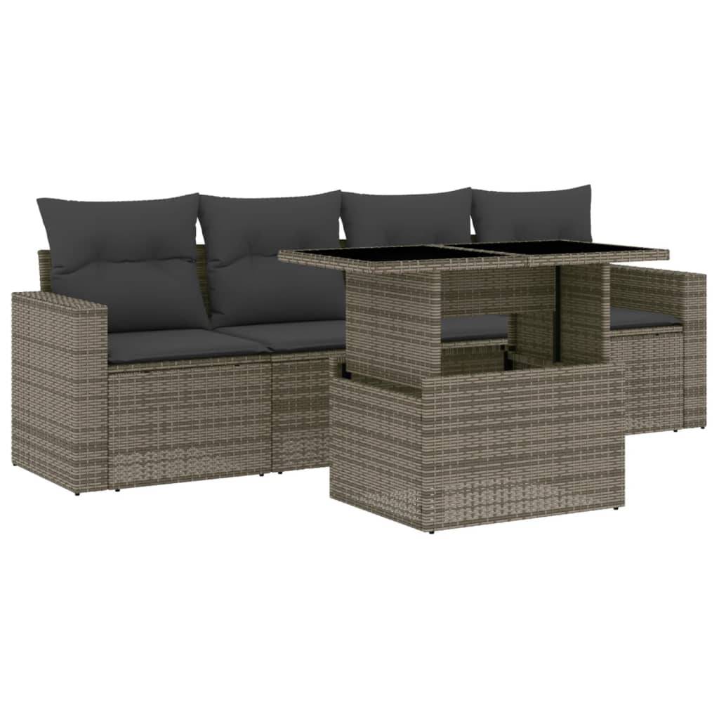 vidaXL 5-tlg. Garten-Sofagarnitur mit Kissen Grau Poly Rattan
