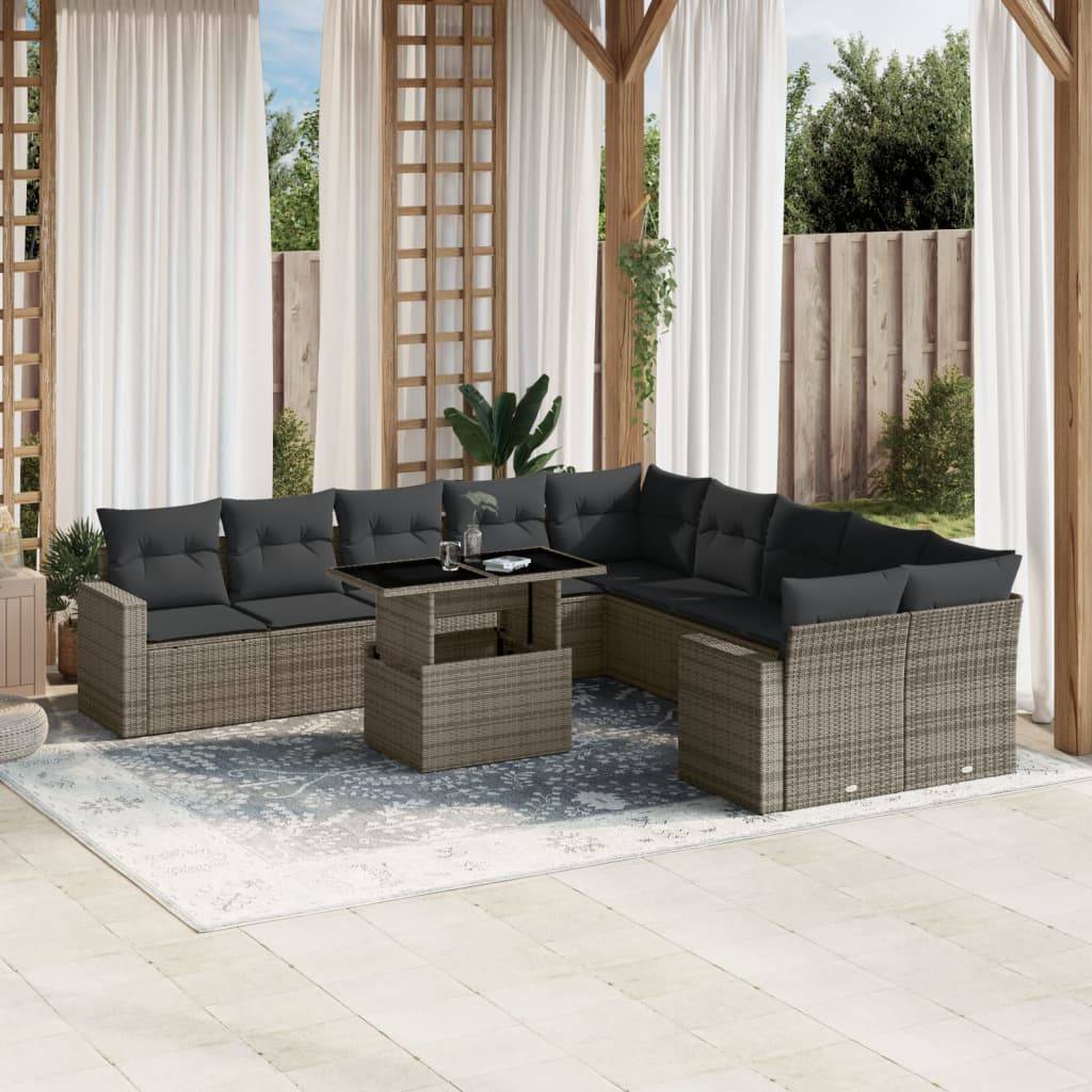 vidaXL 11-tlg. Garten-Sofagarnitur mit Kissen Grau Poly Rattan