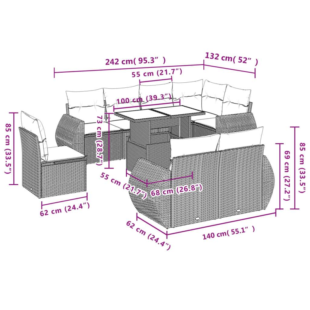 vidaXL 9-tlg. Garten-Sofagarnitur mit Kissen Grau Poly Rattan