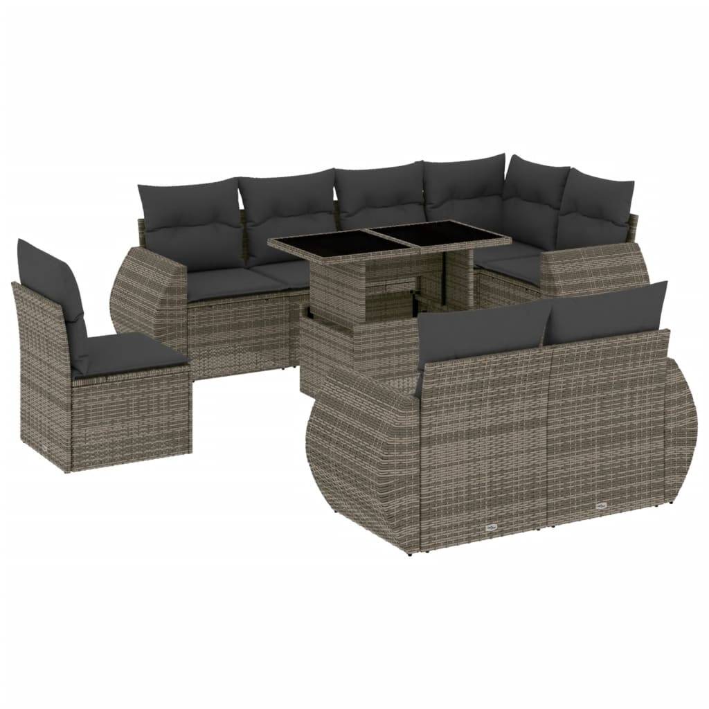 vidaXL 9-tlg. Garten-Sofagarnitur mit Kissen Grau Poly Rattan