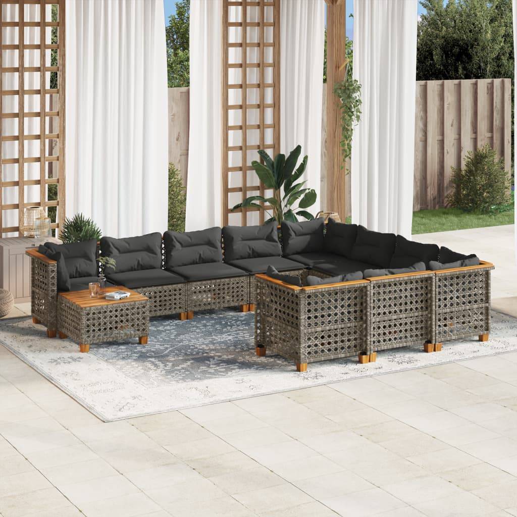 vidaXL 11-tlg. Garten-Sofagarnitur mit Kissen Grau Poly Rattan