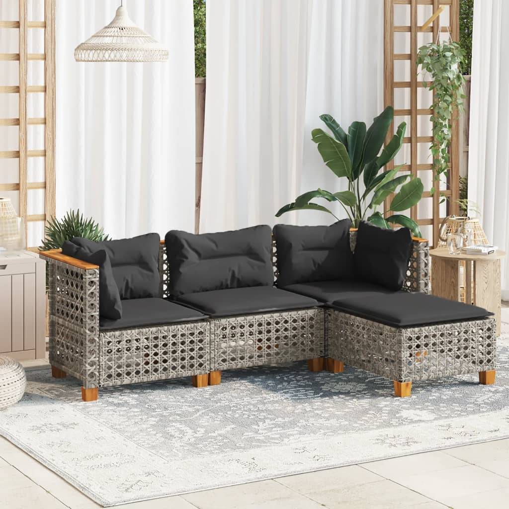 vidaXL 4-tlg. Garten-Sofagarnitur mit Kissen Grau Poly Rattan
