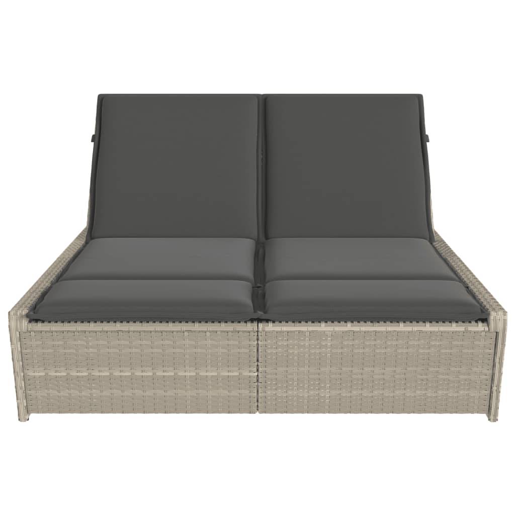 vidaXL Doppel-Sonnenliege mit Kissen Hellgrau Poly Rattan