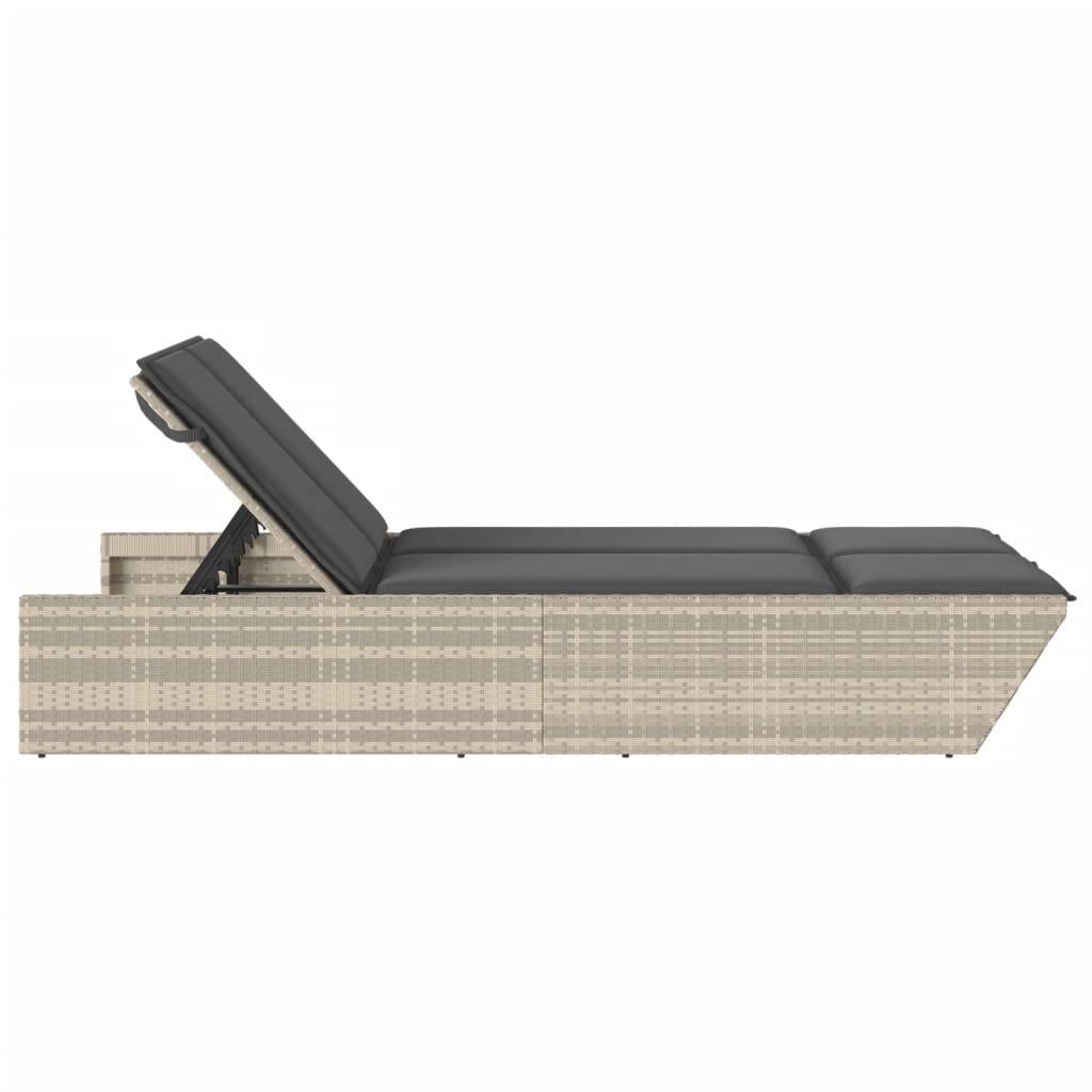 vidaXL Doppel-Sonnenliege mit Kissen Hellgrau Poly Rattan