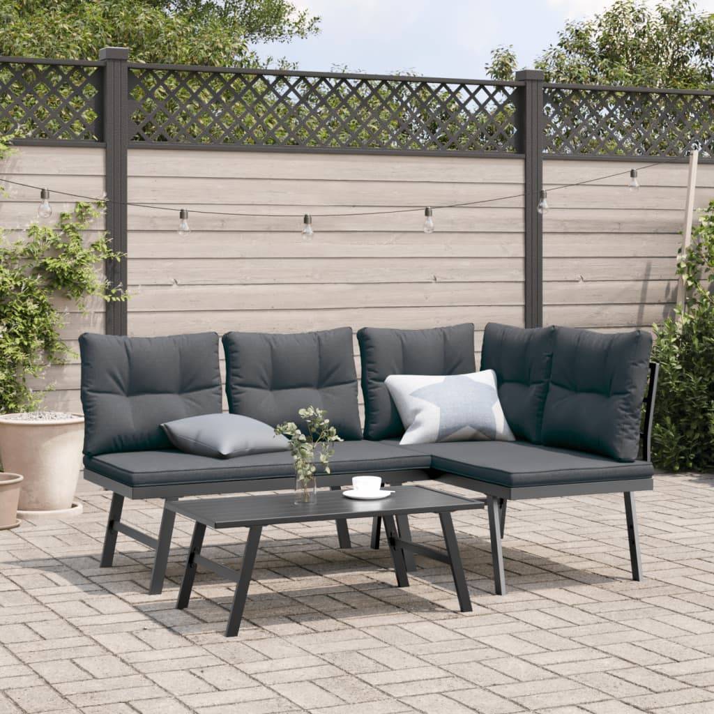 vidaXL Gartenbänke mit Kissen 2 Stk. Schwarz Pulverbeschichteter Stahl