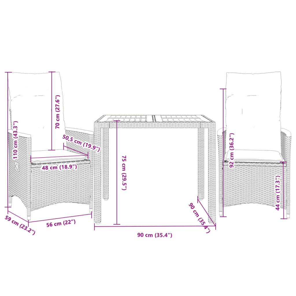 vidaXL 3-tlg. Bistro-Set mit Kissen Grau Poly Rattan