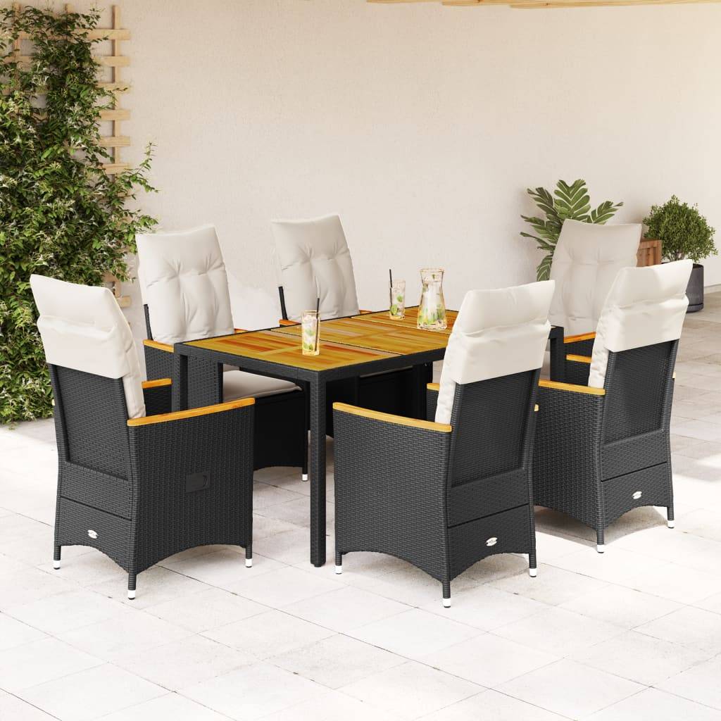 vidaXL 7-tlg. Garten-Essgruppe mit Kissen Schwarz Poly Rattan