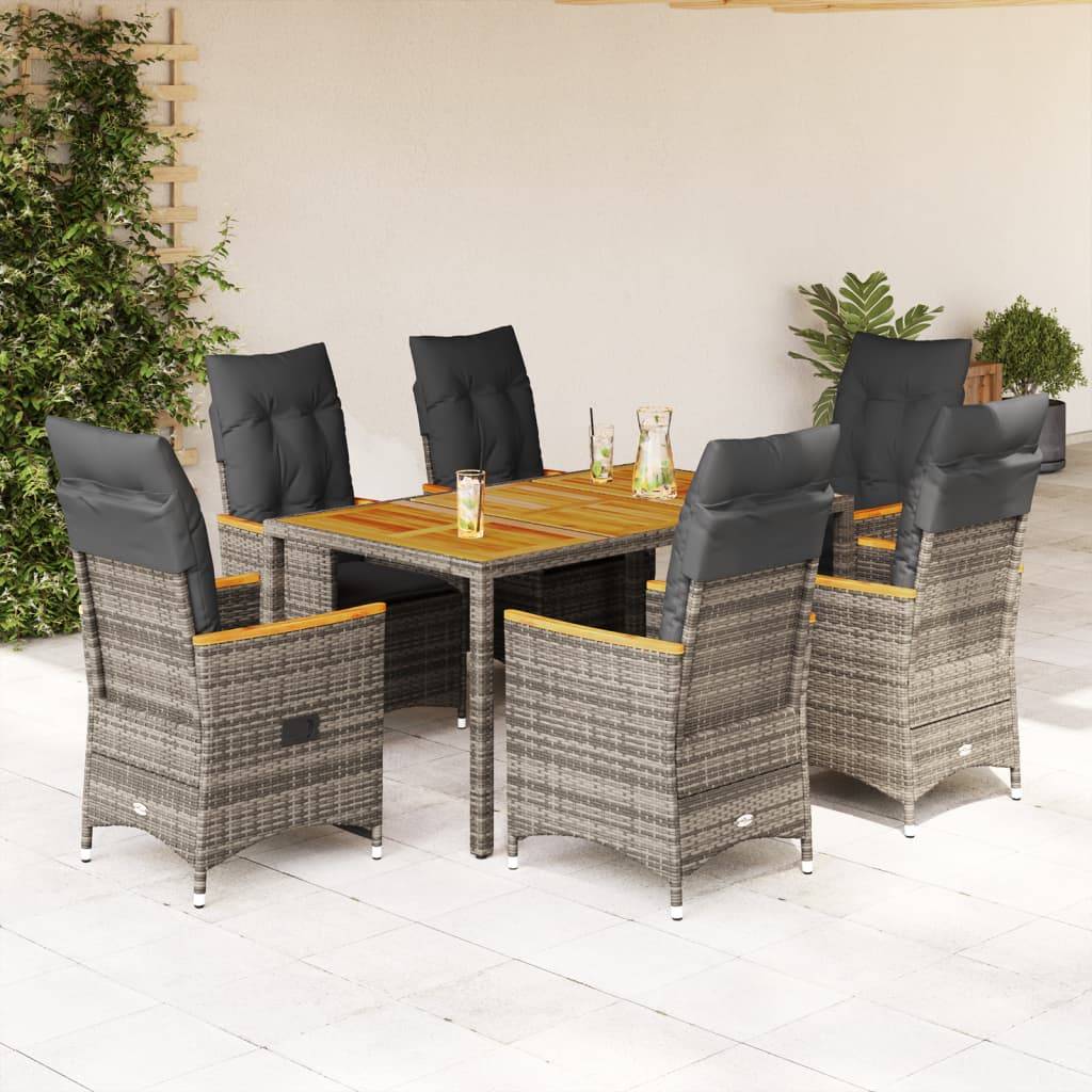 vidaXL 7-tlg. Garten-Essgruppe mit Kissen Grau Poly Rattan