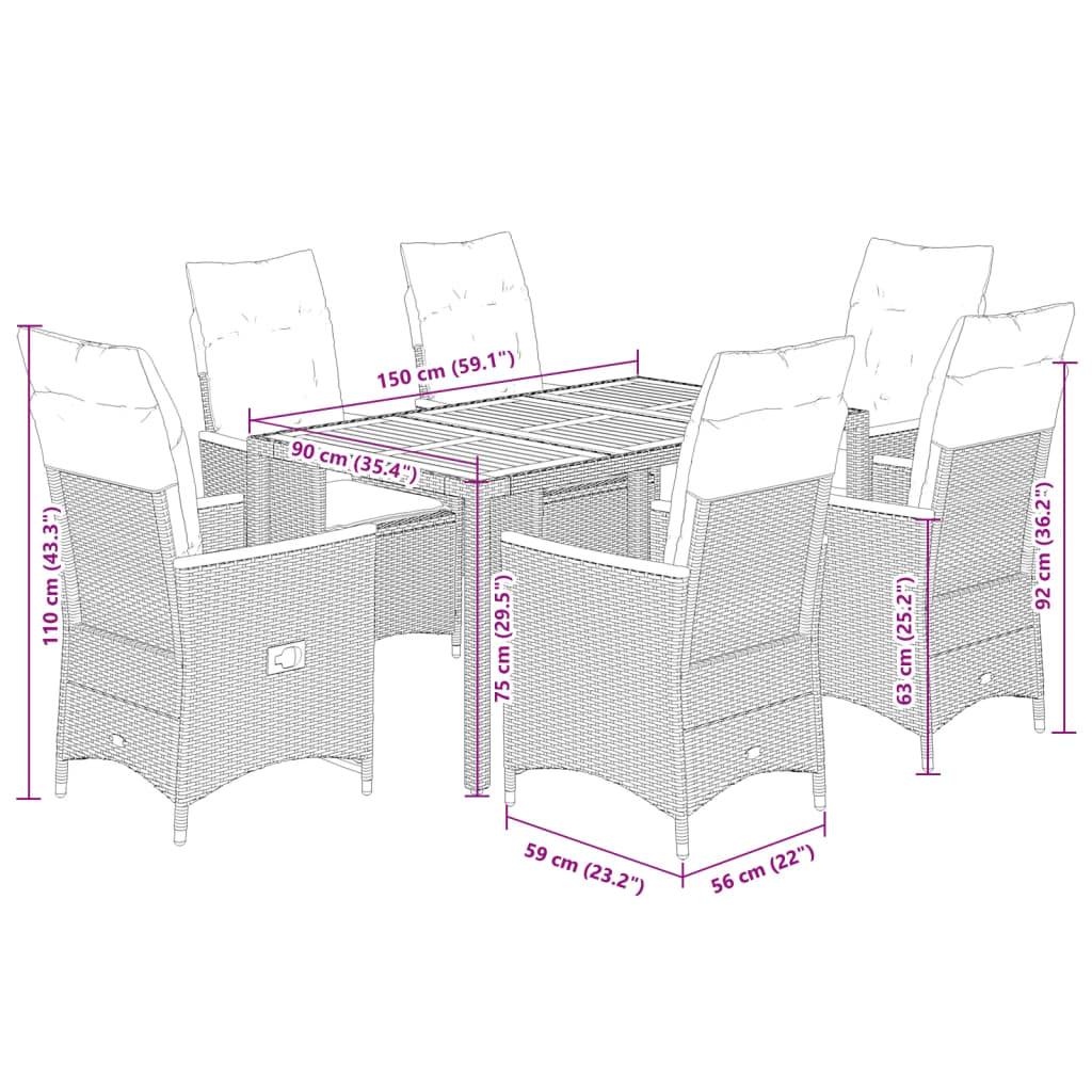 vidaXL 7-tlg. Garten-Essgruppe mit Kissen Grau Poly Rattan