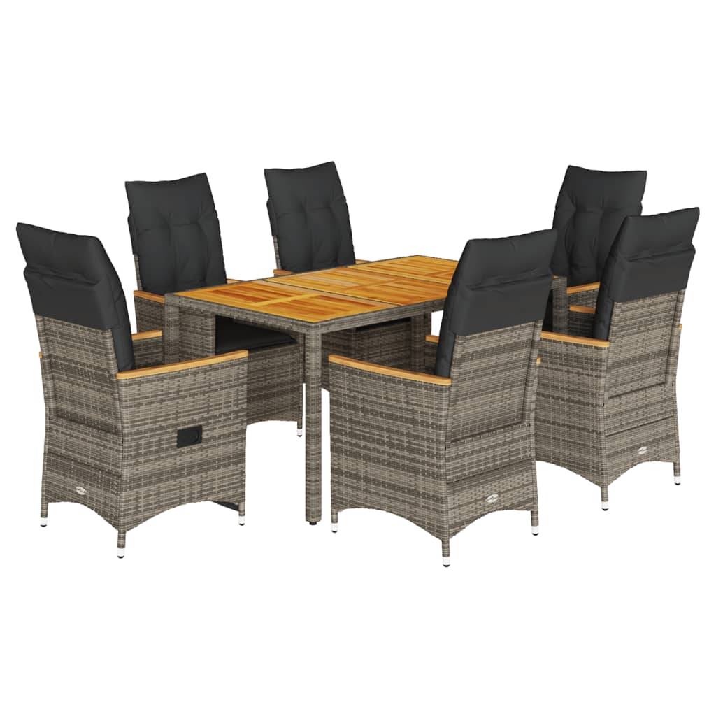 vidaXL 7-tlg. Garten-Essgruppe mit Kissen Grau Poly Rattan