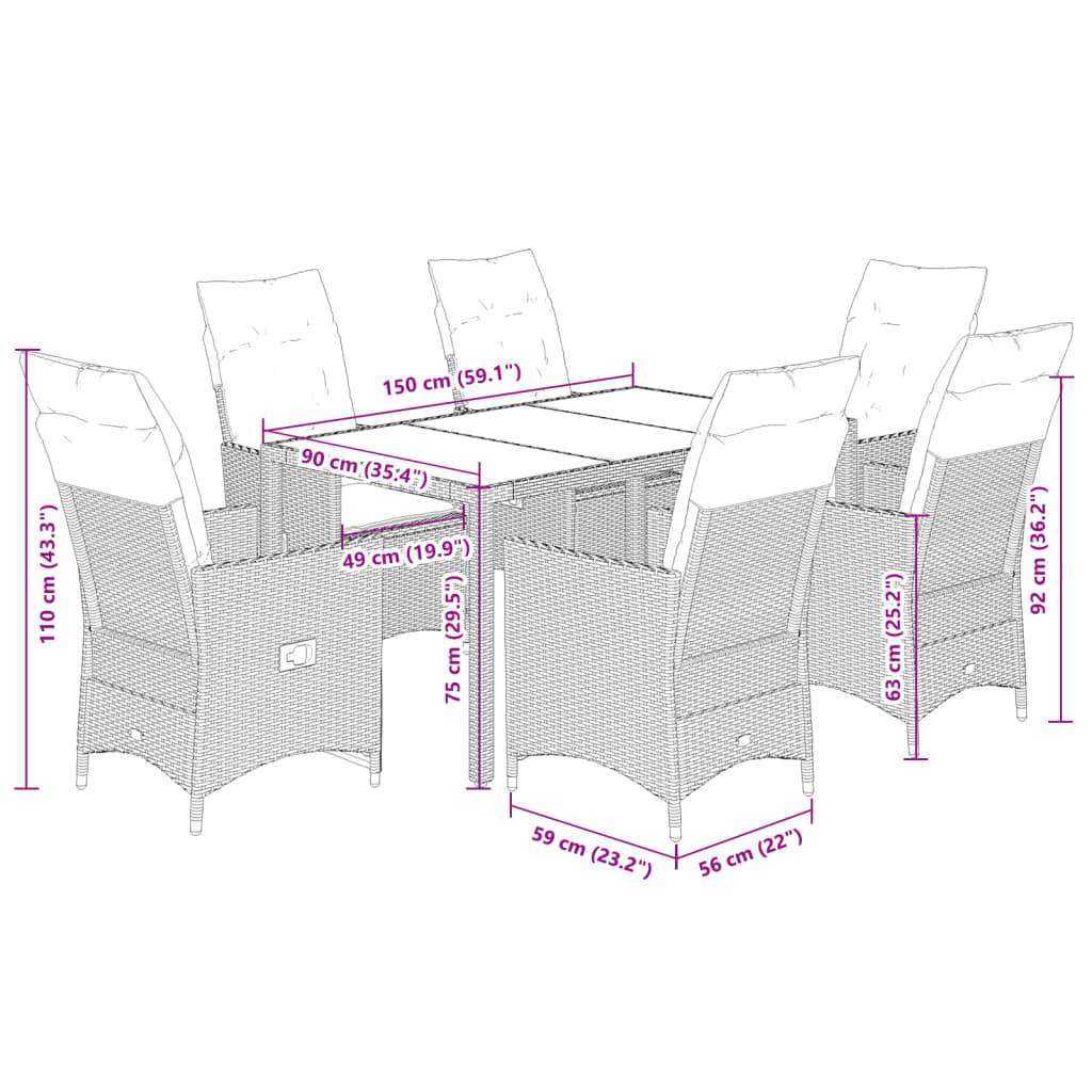 vidaXL 7-tlg. Garten-Essgruppe mit Kissen Beige Poly Rattan