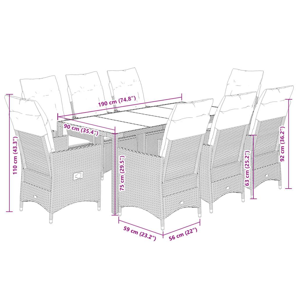 vidaXL 9-tlg. Garten-Essgruppe mit Kissen Grau Poly Rattan