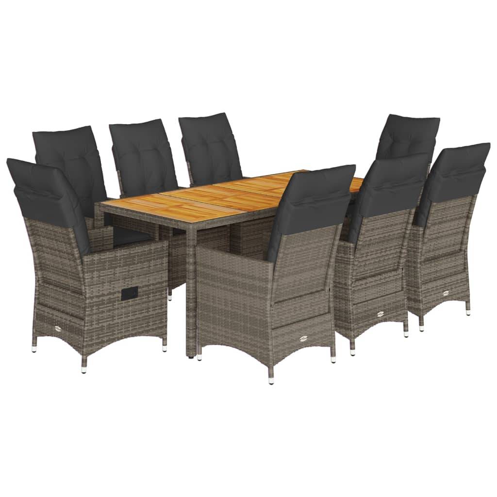 vidaXL 9-tlg. Garten-Essgruppe mit Kissen Grau Poly Rattan
