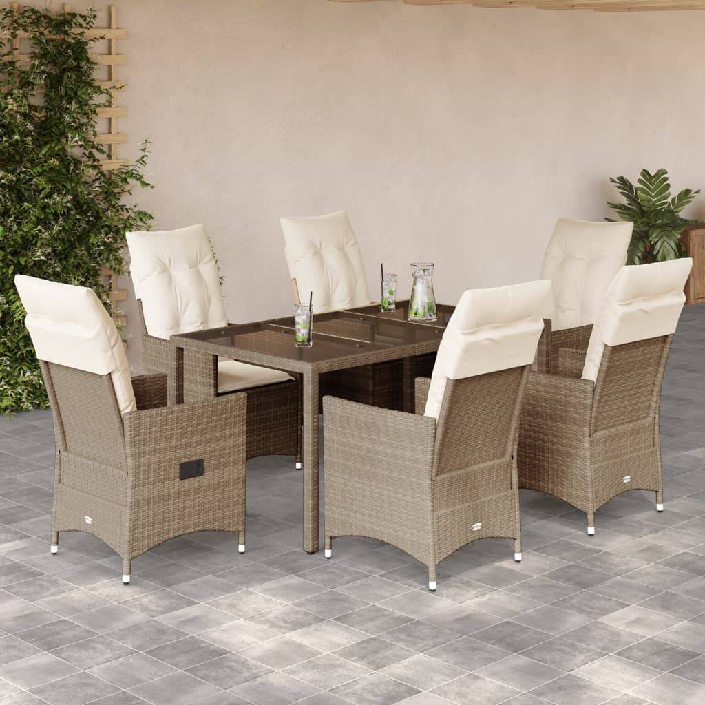 vidaXL 7-tlg. Garten-Essgruppe mit Kissen Beige Poly Rattan