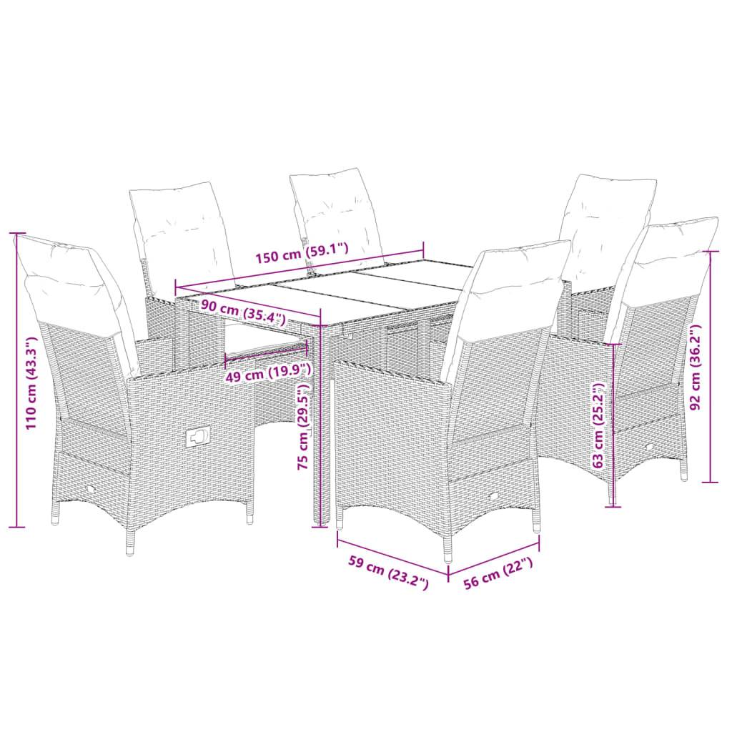 vidaXL 7-tlg. Garten-Essgruppe mit Kissen Schwarz Poly Rattan