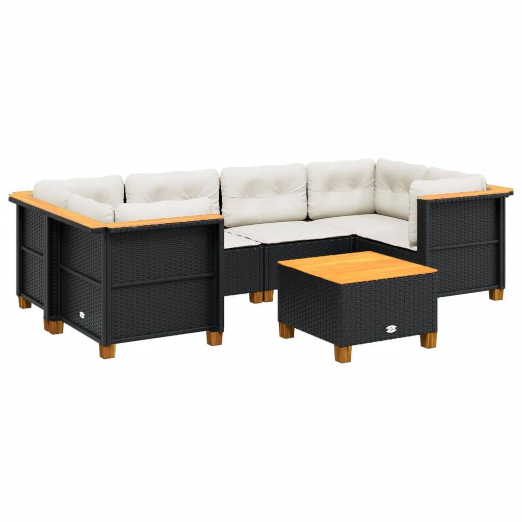 vidaXL 7-tlg. Garten-Sofagarnitur mit Kissen Schwarz Poly Rattan