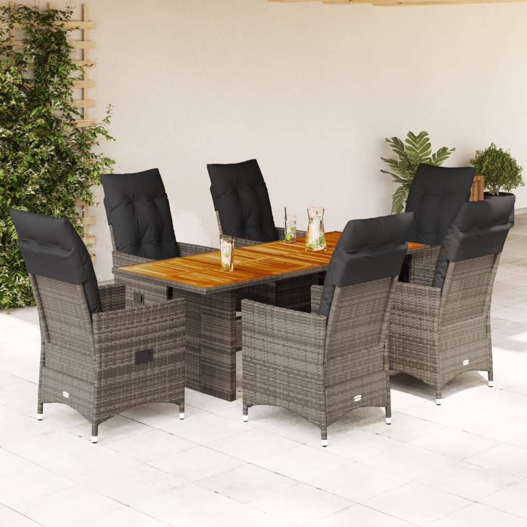 vidaXL 7-tlg. Garten-Essgruppe mit Kissen Grau Poly Rattan