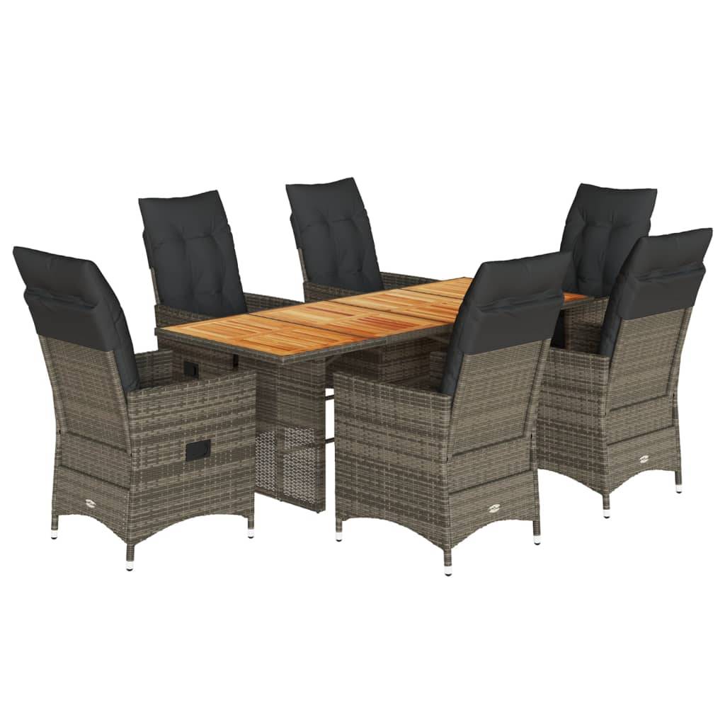 vidaXL 7-tlg. Garten-Essgruppe mit Kissen Grau Poly Rattan