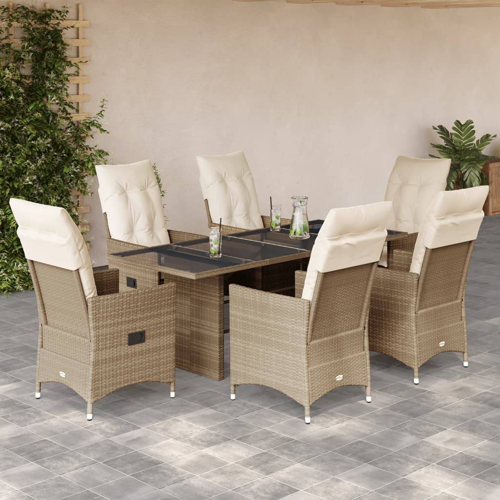 vidaXL 7-tlg. Garten-Essgruppe mit Kissen Beige Poly Rattan
