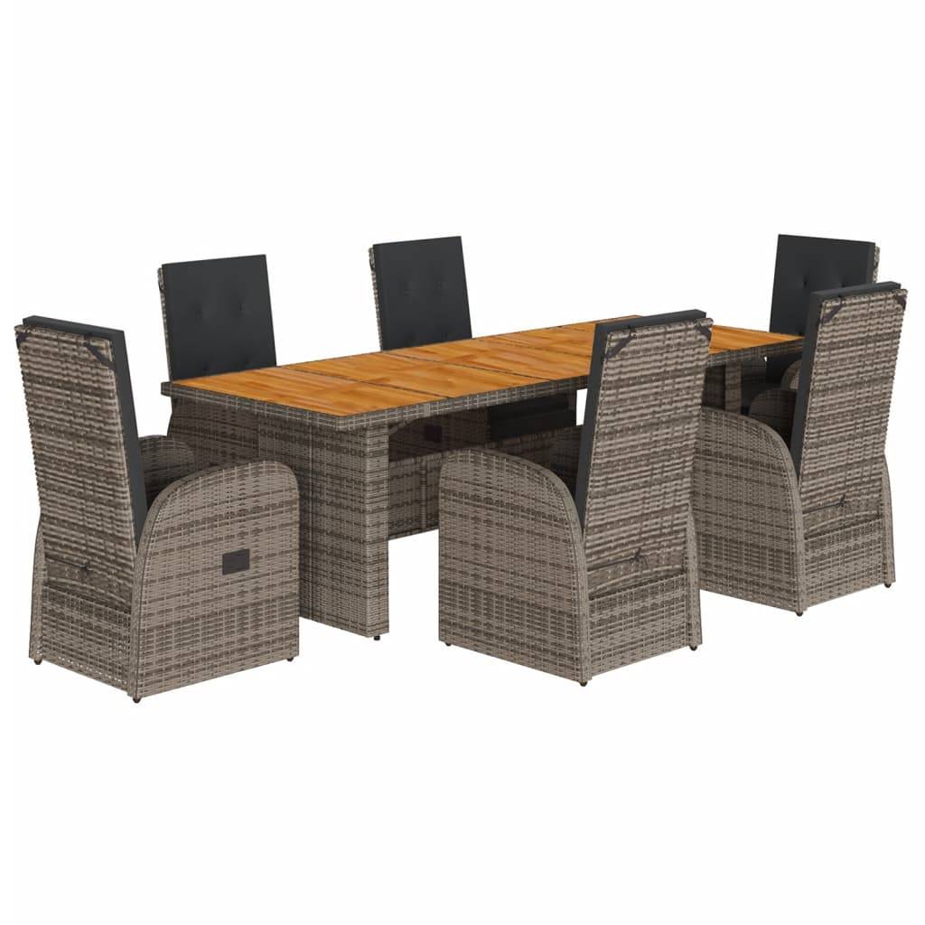vidaXL 7-tlg. Garten-Essgruppe mit Kissen Grau Poly Rattan